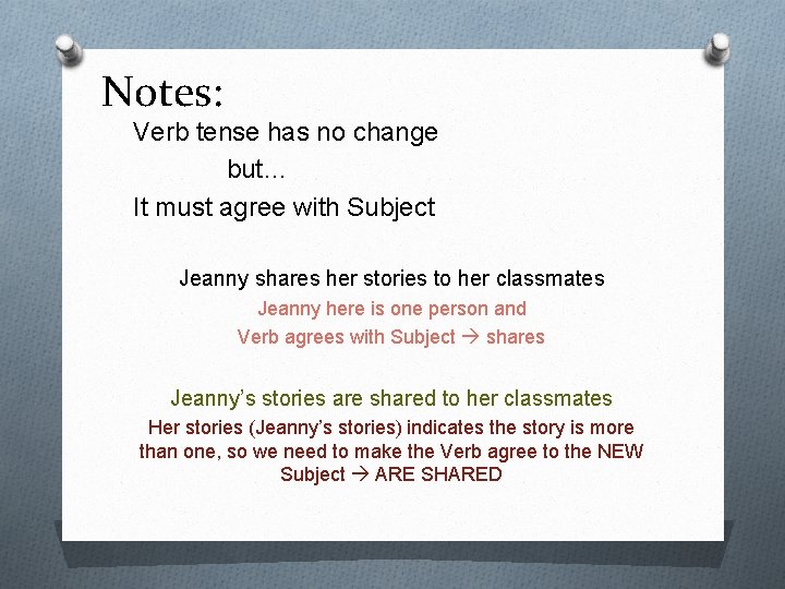 Notes: Verb tense has no change but… It must agree with Subject Jeanny shares