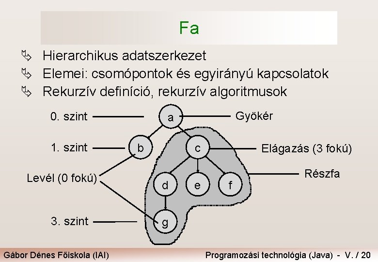 Fa Ä Hierarchikus adatszerkezet Ä Elemei: csomópontok és egyirányú kapcsolatok Ä Rekurzív definíció, rekurzív