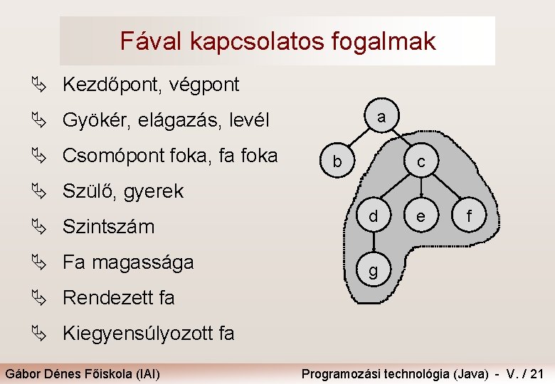 Fával kapcsolatos fogalmak Ä Kezdőpont, végpont a Ä Gyökér, elágazás, levél Ä Csomópont foka,