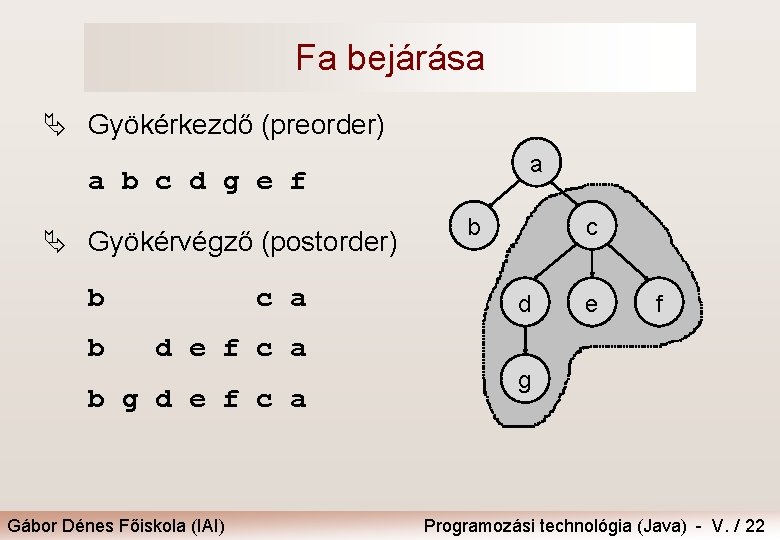 Fa bejárása Ä Gyökérkezdő (preorder) a a b c d g e f Ä