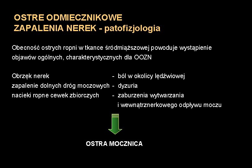 OSTRE ODMIECZNIKOWE ZAPALENIA NEREK - patofizjologia Obecność ostrych ropni w tkance śródmiąższowej powoduje wystąpienie