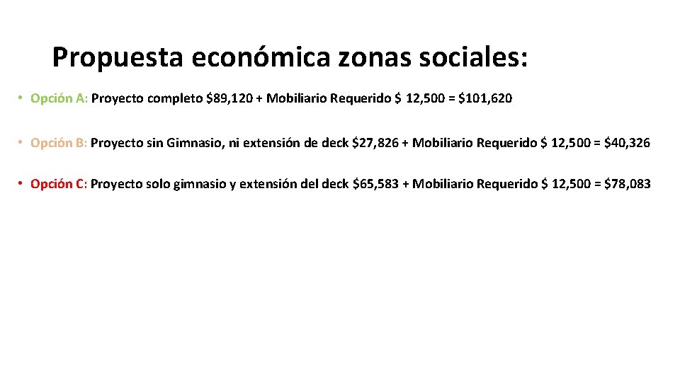 Propuesta económica zonas sociales: • Opción A: Proyecto completo $89, 120 + Mobiliario Requerido