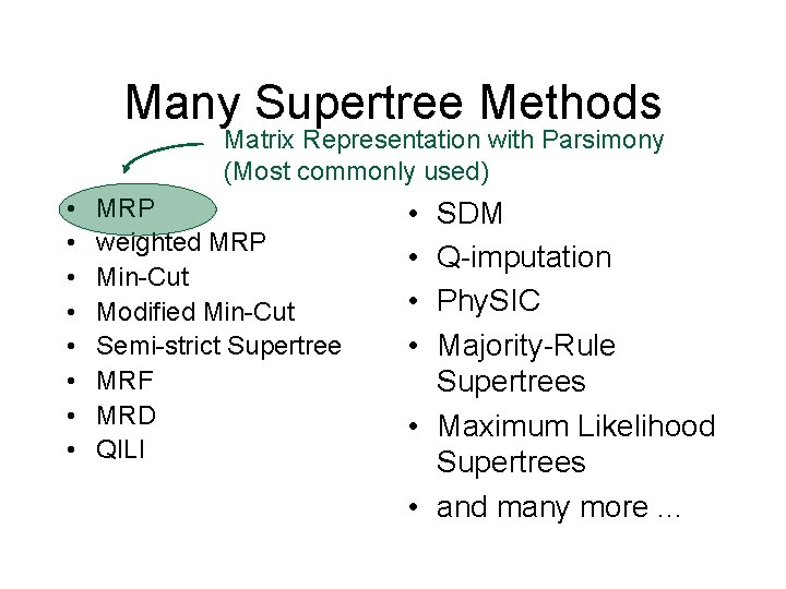 Many Supertree Methods Matrix Representation with Parsimony (Most commonly used) • • MRP weighted