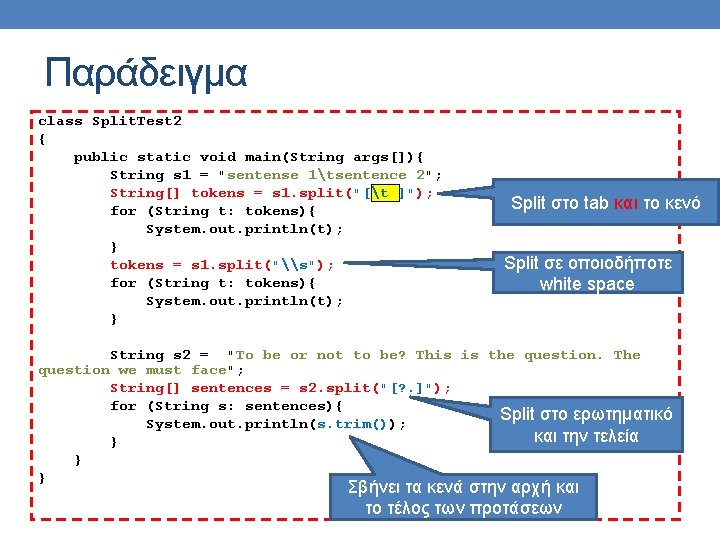 Παράδειγμα class Split. Test 2 { public static void main(String args[]){ String s 1