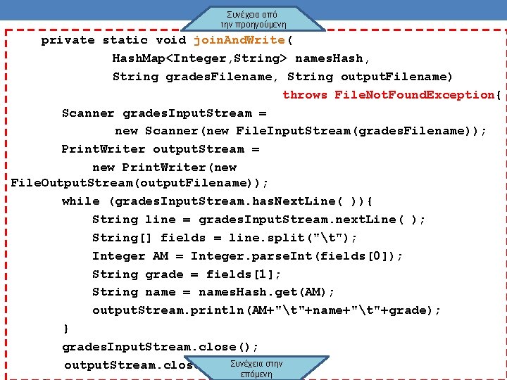 Συνέχεια από την προηγούμενη private static void join. And. Write( Hash. Map<Integer, String> names.