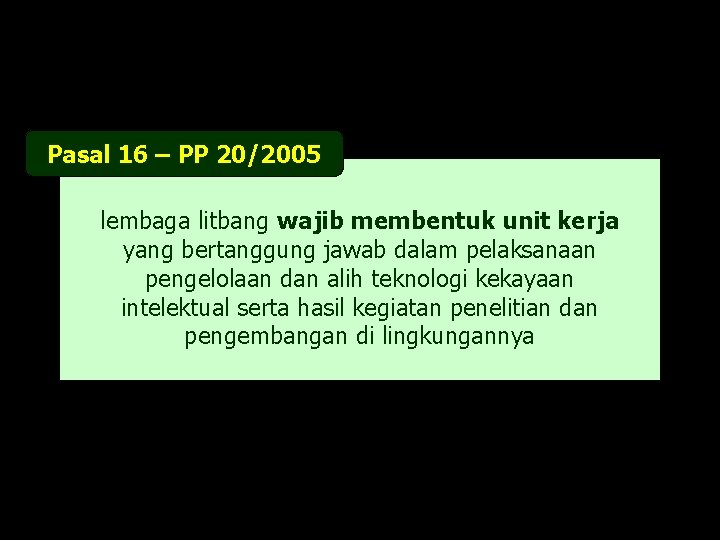 Pasal 16 – PP 20/2005 lembaga litbang wajib membentuk unit kerja yang bertanggung jawab