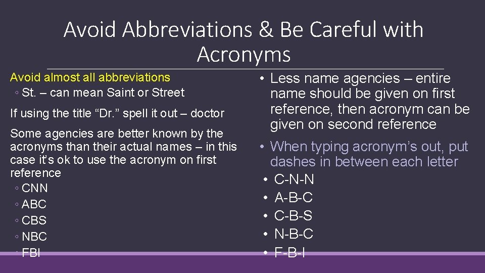 Avoid Abbreviations & Be Careful with Acronyms Avoid almost all abbreviations ◦ St. – Avoid Abbreviations & Be Careful with Acronyms Avoid almost all abbreviations ◦ St. –