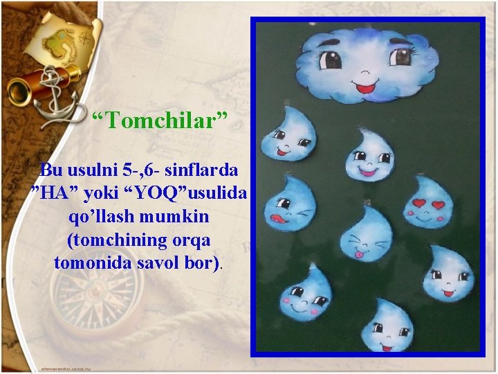 “Tomchilar” Bu usulni 5 -, 6 - sinflarda ”HA” yoki “YOQ”usulida qo’llash mumkin (tomchining