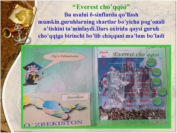 “Everest cho’qqisi” Bu usulni 6 -sinflarda qo’llash mumkin. guruhlarning shartlar bo’yicha pog’onali o’tishini ta’minlaydi.