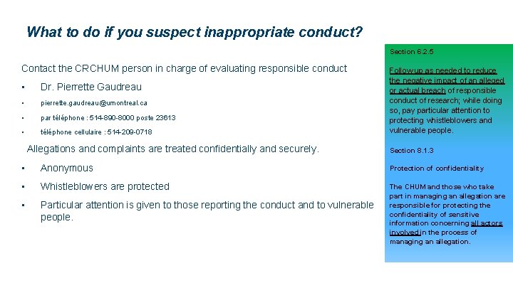 What to do if you suspect inappropriate conduct? Section 6. 2. 5 Contact the