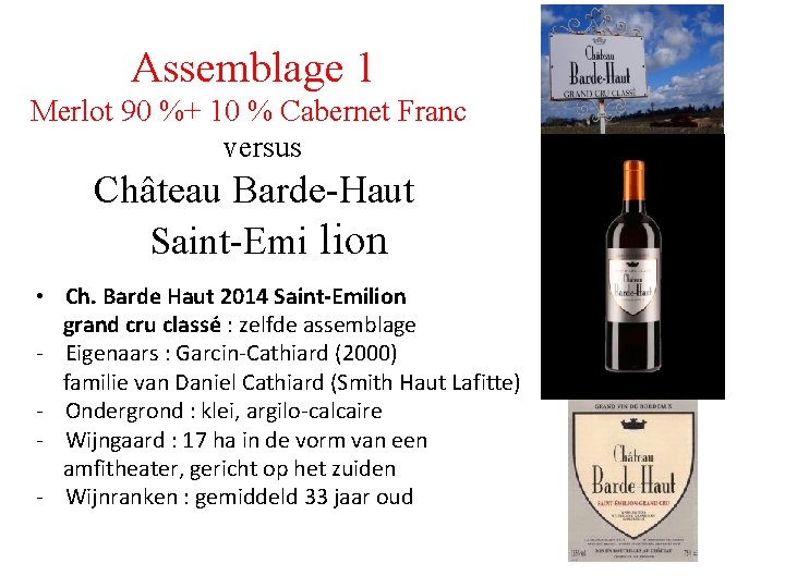 Assemblage 1 Merlot 90 %+ 10 % Cabernet Franc versus Château Barde-Haut Saint-Emi lion