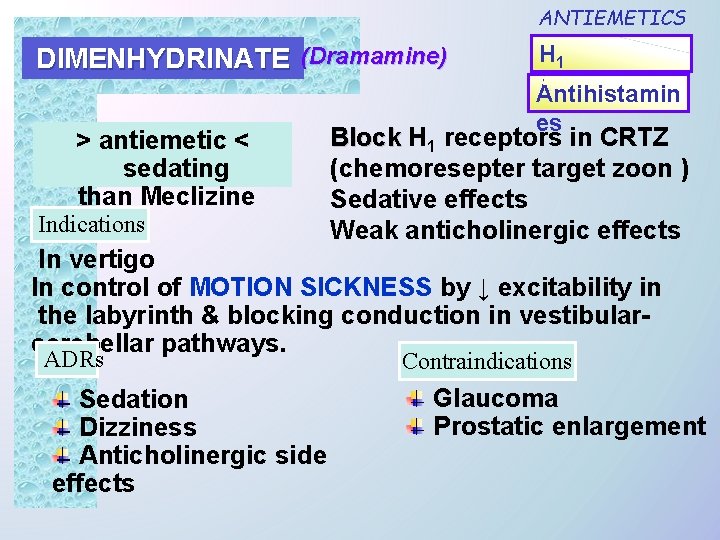 ANTIEMETICS DIMENHYDRINATE (Dramamine) > antiemetic < sedating than Meclizine Indications H 1 antagonist Antihistamin