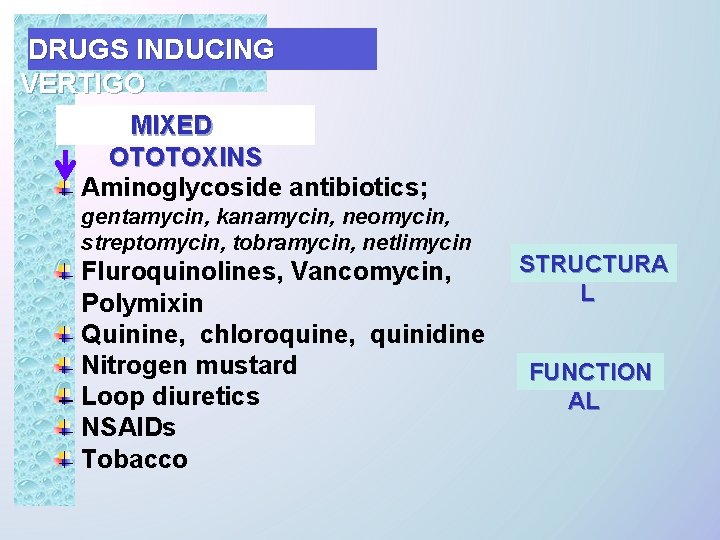 DRUGS INDUCING VERTIGO MIXED OTOTOXINS Aminoglycoside antibiotics; gentamycin, kanamycin, neomycin, streptomycin, tobramycin, netlimycin Fluroquinolines,