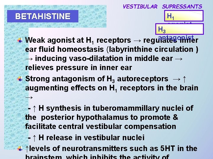 VESTIBULAR SUPRESSANTS BETAHISTINE H 1 agonist H 3 antagonist Weak agonist at H 1