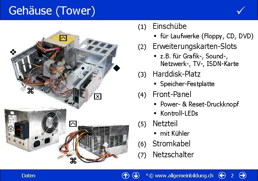 Gehäuse (Tower) (1) § für Laufwerke (Floppy, CD, DVD) (2) Erweiterungskarten-Slots § z. B.