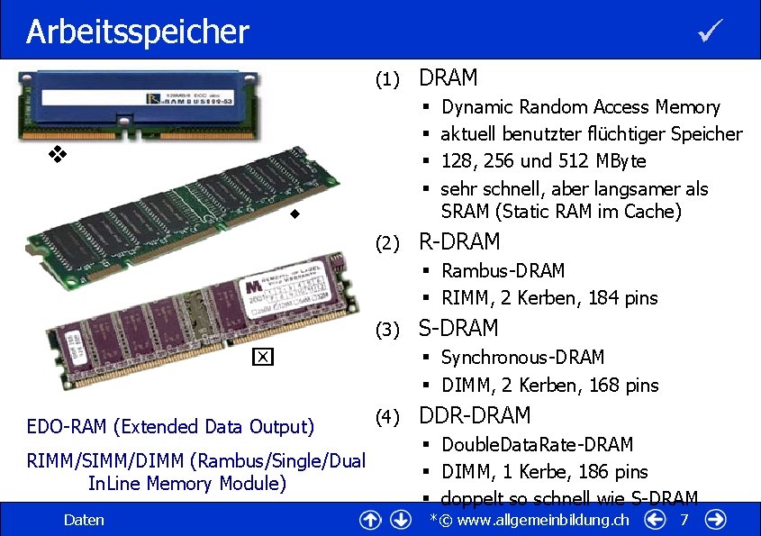 Arbeitsspeicher (1) DRAM § § (2) Dynamic Random Access Memory aktuell benutzter flüchtiger Speicher