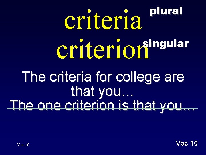 plural criteria criterion singular The criteria for college are that you… The one criterion