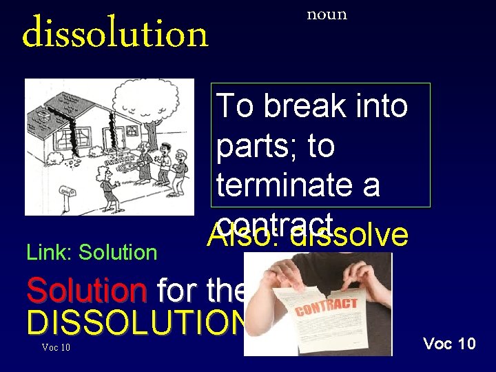 dissolution Link: Solution To break into parts; to terminate a contract Also: dissolve Solution