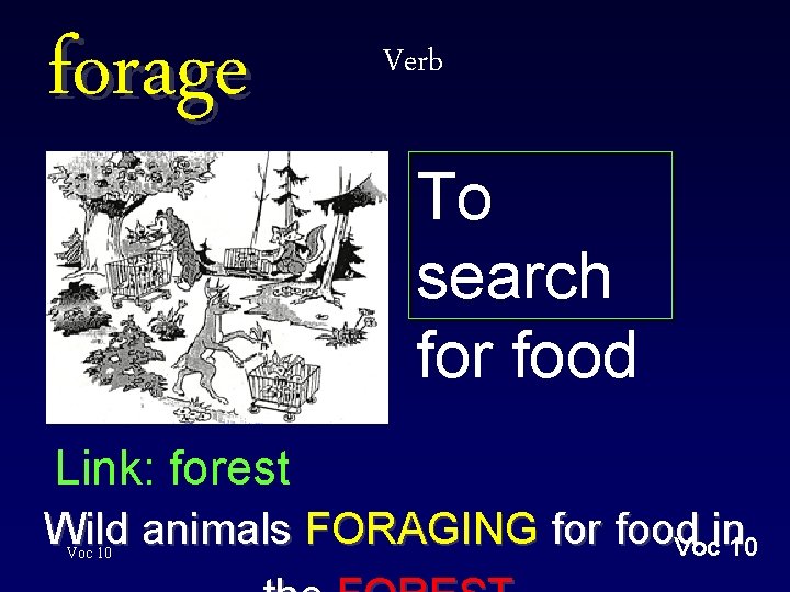 forage Verb To search for food Link: forest Wild animals FORAGING for food Vocin