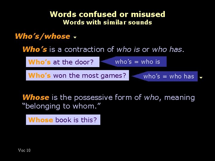 Words confused or misused Words with similar sounds Who’s/whose Who’s is a contraction of