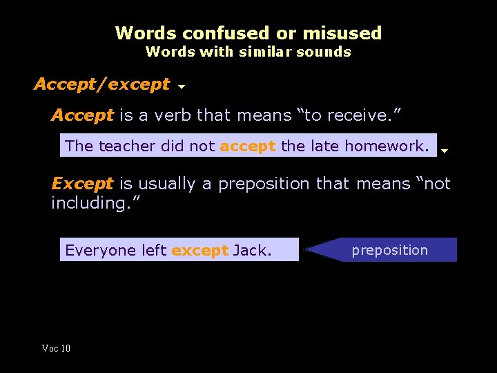 Words confused or misused Words with similar sounds Accept/except Accept is a verb that