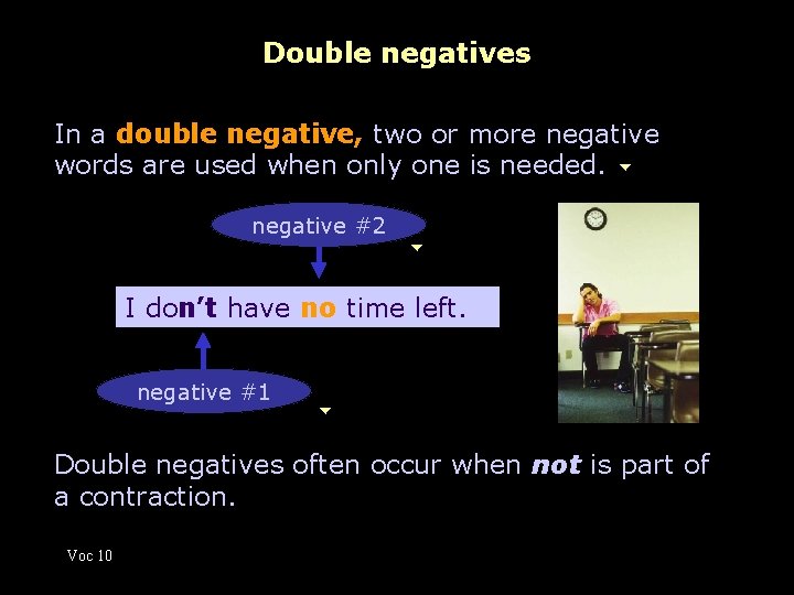 Double negatives In a double negative, two or more negative words are used when