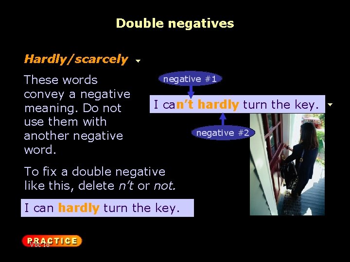 Double negatives Hardly/scarcely These words convey a negative meaning. Do not use them with