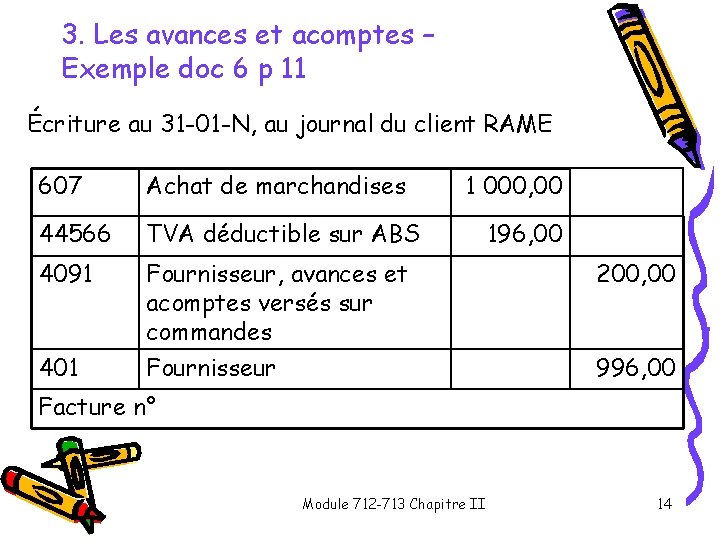 3. Les avances et acomptes – Exemple doc 6 p 11 Écriture au 31 3. Les avances et acomptes – Exemple doc 6 p 11 Écriture au 31