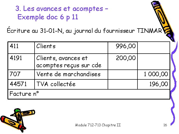 3. Les avances et acomptes – Exemple doc 6 p 11 Écriture au 31 3. Les avances et acomptes – Exemple doc 6 p 11 Écriture au 31