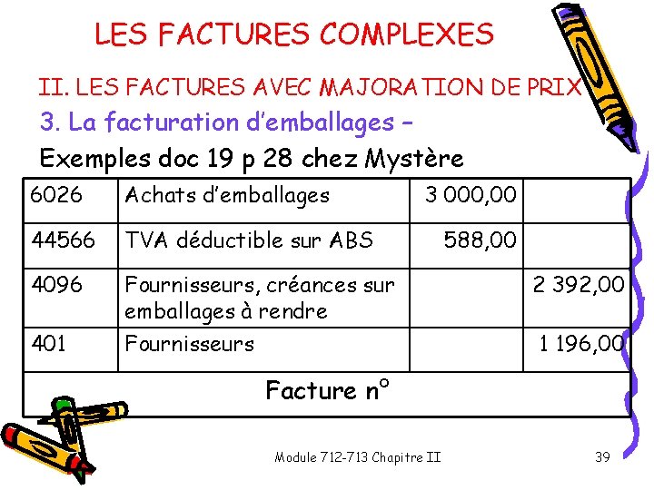 LES FACTURES COMPLEXES II. LES FACTURES AVEC MAJORATION DE PRIX 3. La facturation d’emballages LES FACTURES COMPLEXES II. LES FACTURES AVEC MAJORATION DE PRIX 3. La facturation d’emballages