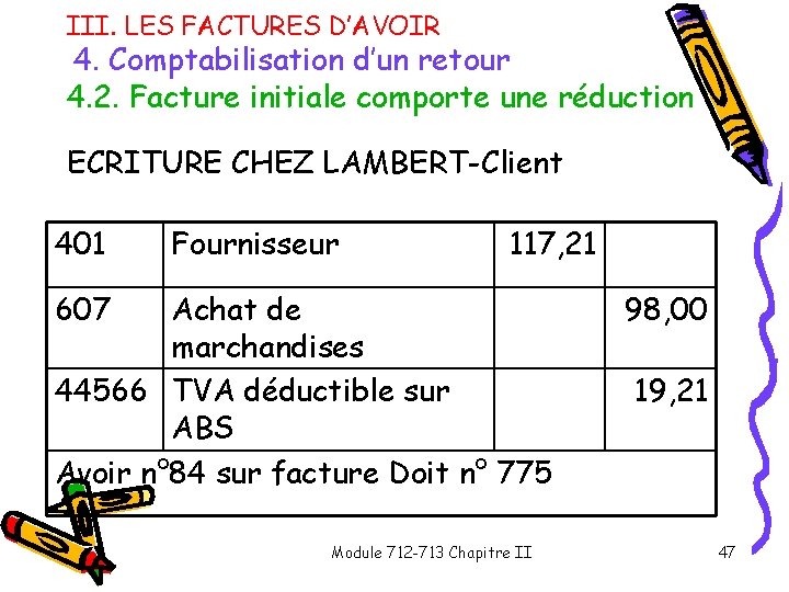 III. LES FACTURES D’AVOIR 4. Comptabilisation d’un retour 4. 2. Facture initiale comporte une III. LES FACTURES D’AVOIR 4. Comptabilisation d’un retour 4. 2. Facture initiale comporte une