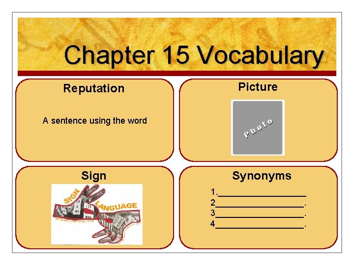Chapter 15 Vocabulary Reputation Picture A sentence using the word Sign Synonyms 1. _________