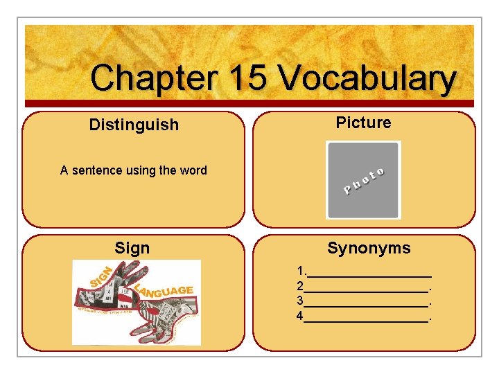Chapter 15 Vocabulary Distinguish Picture A sentence using the word Sign Synonyms 1. _________