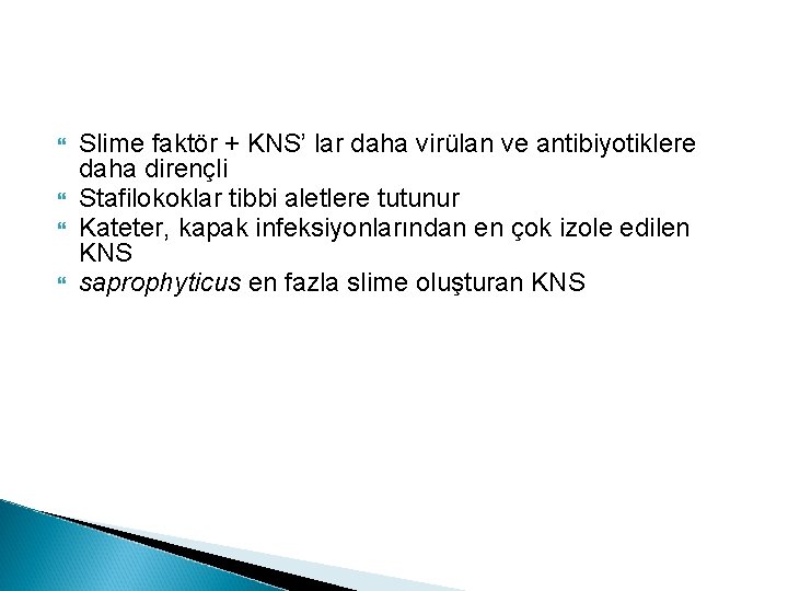  Slime faktör + KNS’ lar daha virülan ve antibiyotiklere daha dirençli Stafilokoklar tibbi