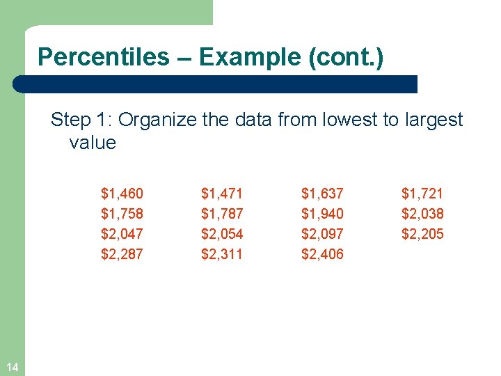 Percentiles – Example (cont. ) Step 1: Organize the data from lowest to largest