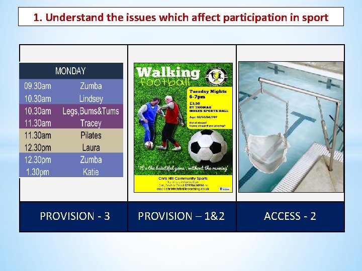 1. Understand the issues which affect participation in sport PROVISION - 3 PROVISION –