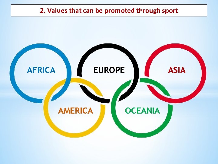 2. Values that can be promoted through sport AFRICA EUROPE AMERICA ASIA OCEANIA 