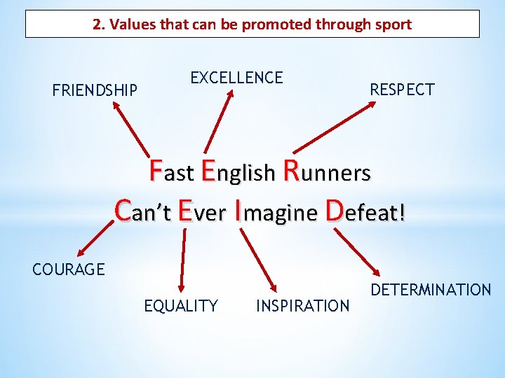 2. Values that can be promoted through sport FRIENDSHIP EXCELLENCE RESPECT Fast English Runners