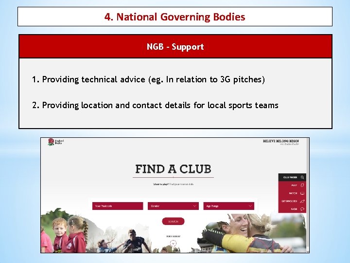 4. National Governing Bodies NGB - Support 1. Providing technical advice (eg. In relation