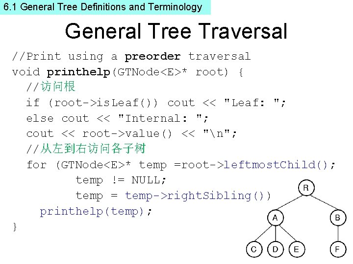 6. 1 General Tree Definitions and Terminology General Tree Traversal //Print using a preorder