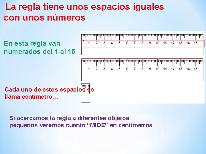 La regla tiene unos espacios iguales con unos números En esta regla van numerados