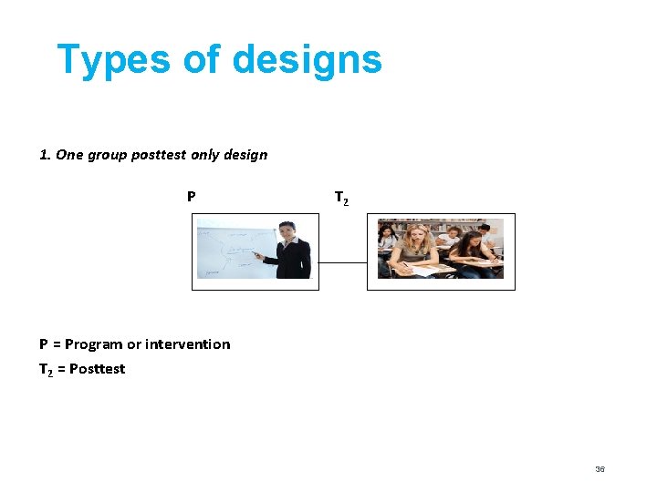 Types of designs 1. One group posttest only design P T 2 P =