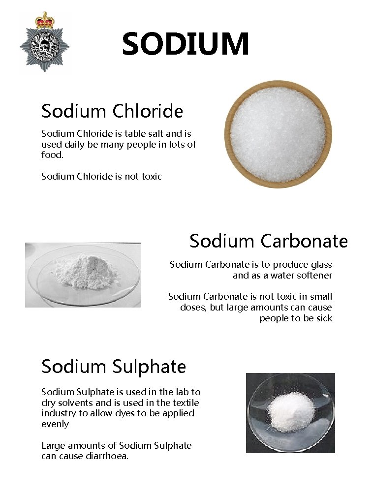 SODIUM Sodium Chloride is table salt and is used daily be many people in