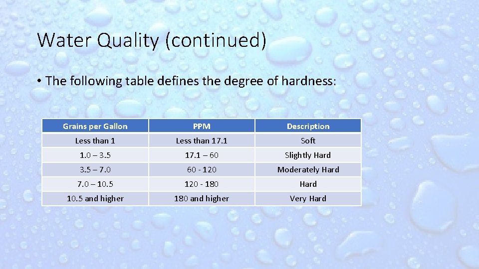 Water Quality (continued) • The following table defines the degree of hardness: Grains per