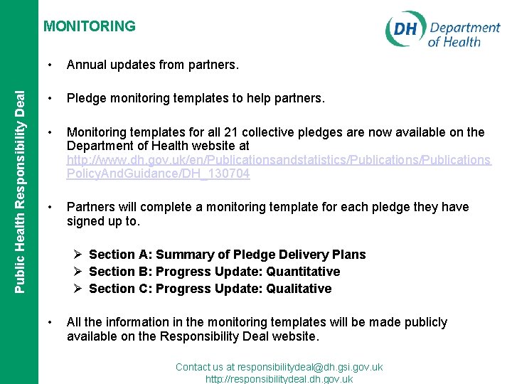 Public Health Responsibility Deal MONITORING • Annual updates from partners. • Pledge monitoring templates
