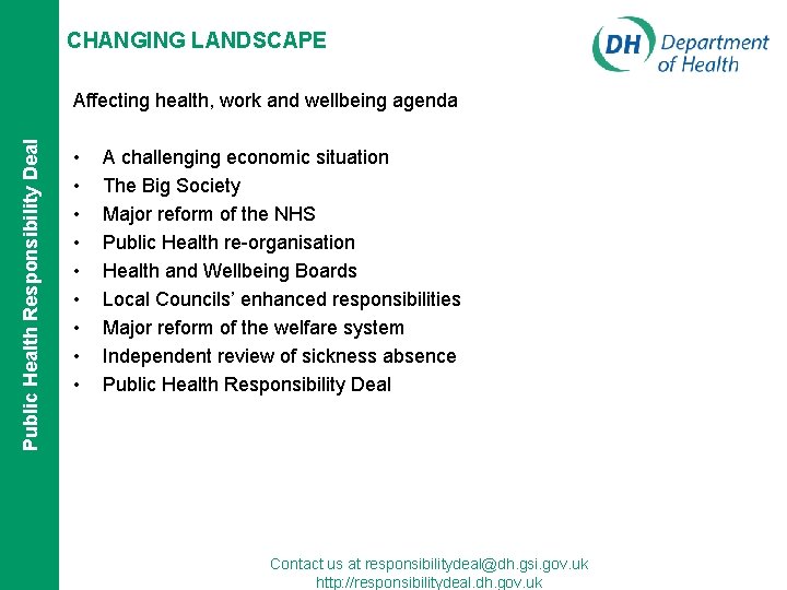 CHANGING LANDSCAPE Public Health Responsibility Deal Affecting health, work and wellbeing agenda • •