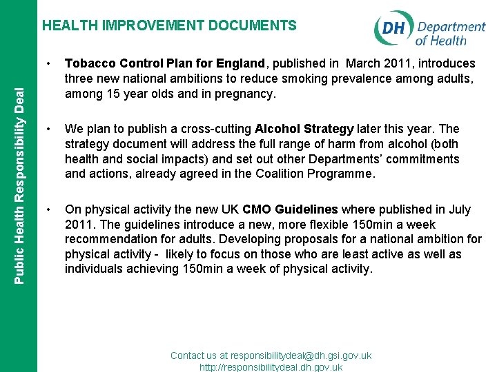 Public Health Responsibility Deal HEALTH IMPROVEMENT DOCUMENTS • Tobacco Control Plan for England, published