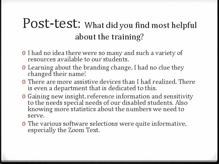 Post-test: What did you find most helpful about the training? 0 I had no