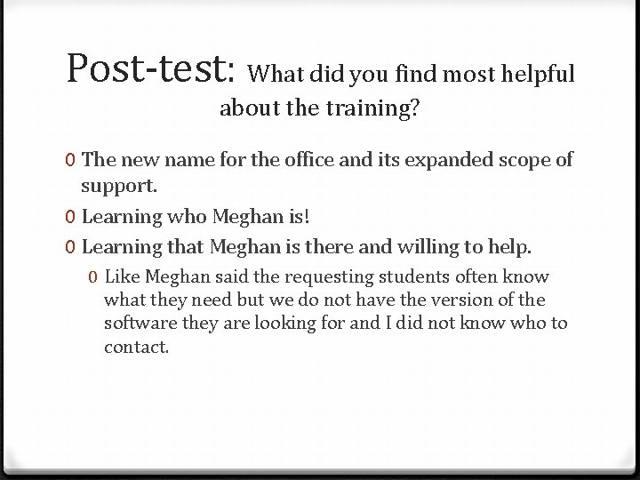 Post-test: What did you find most helpful about the training? 0 The new name