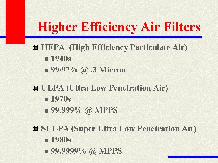 Higher Efficiency Air Filters HEPA (High Efficiency Particulate Air) n 1940 s n 99/97%